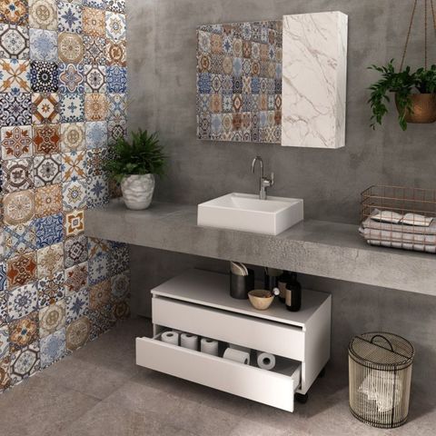 Gabinete Rodizio para Banheiro com Espelheira 80cm Branco/Marmorizado