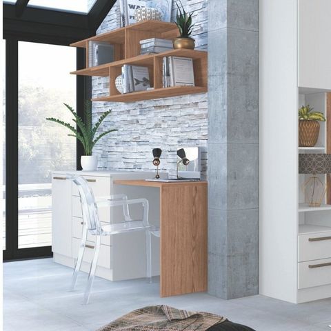 Conjunto para Escritório com Mesa Complementar,, Módulo e Cômoda 4 Gavetas 2 Nichos Macadâmia e Branco Line Marrom