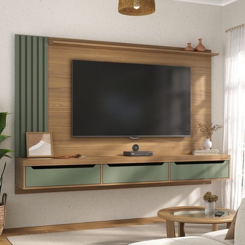 Painel Ripado para TV até 75 Polegadas MDF 200cmx137,5cm 3 Gavetas Presence