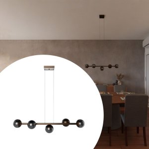 Pendente Lustre de Teto Jabuticaba de Alumínio Bronze com 5 Globos Vidros Fume Decoração Casa