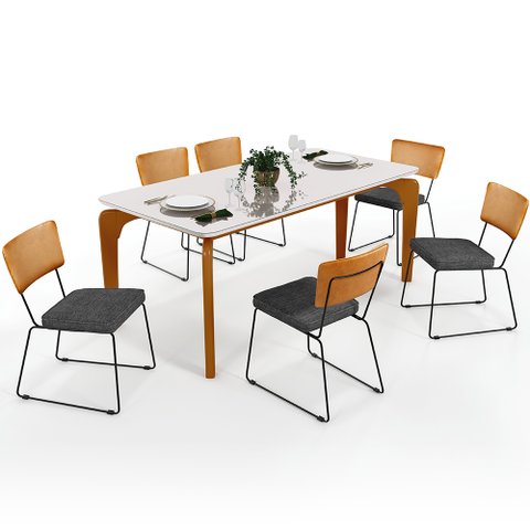 Mesa Capri 160cm Off White e 6 Cadeiras Allana B05 Couríssimo Whisky Linho Cinza Escuro - Lyam Decor