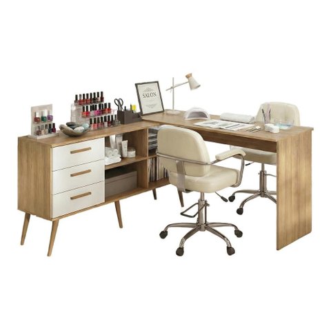 Mesa de Manicure Profissional de Canto em L com 3 Gavetas Jady Multimóveis Mp6042 Madeirado/branco
