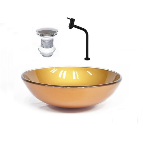 CUBA DE VIDRO REDONDA 42CM DOURADO REAL + VALVULA + TORNEIRA PRETA