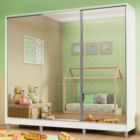 Guarda Roupa Infantil 100% Mdf Madesa Logan 3 Portas de Correr de Espelho com Pés - Branco