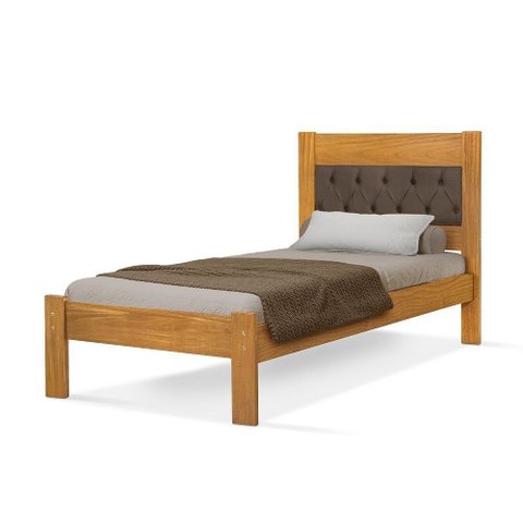 Cama de Solteiro de Madeira Imbuia Viena com Cabeceira Estofada Veludo Marrom