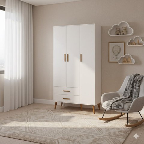 Guarda Roupa Infantil 3 Portas 2 Gavetas Isis Branco Acetinado Pés Retrô P/ Quarto de Bebê - Reller