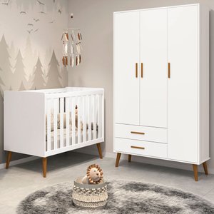 Guarda Roupa Infantil 3 Portas 2 Gavetas Isis Branco Acetinado Pés Retrô P/ Quarto de Bebê - Reller