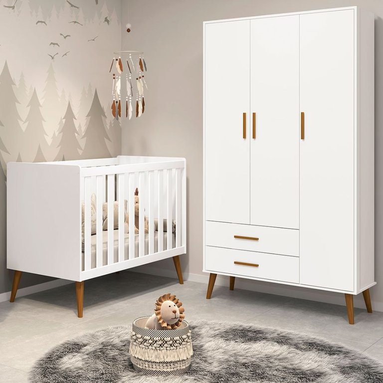 Guarda Roupa Infantil 3 Portas 2 Gavetas Isis Branco Acetinado Pés Retrô P/ Quarto de Bebê - Reller