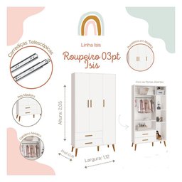 Guarda Roupa Infantil 3 Portas 2 Gavetas Isis Branco Acetinado Pés Retrô P/ Quarto de Bebê - Reller - 3
