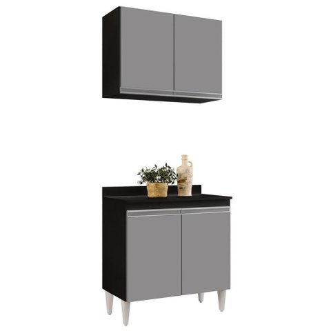 Armário Aéreo Califórnia e Balcão Hawai com Tampo 80cm Preto-cinza - Lumil