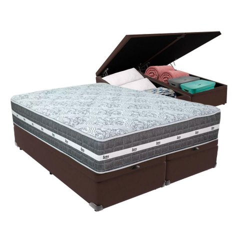 Cama Box com Baú Bege e Colchão Queen Black Grafit Anjos Marrom
