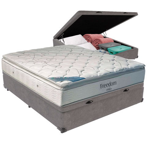 Cama Box Baú e Colchão Freedom Molas Ensacadas Casal Ortobom: Cinza
