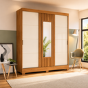 Ver imagem 1 de Guarda Roupa Solteiro 3 Portas Correr Espelho 2 Gavetas Henn B376 Nature Off White 199,5cm