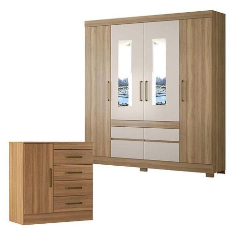 Cômoda Montevidéu e Guarda Roupa Casal Bilbao Amêndola Off White com Espelho - Demóbile