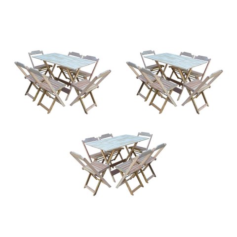 Kit 3 Conjuntos de Mesa Dobravel com 6 Cadeiras de Madeira 120x70 para Restaurante e Bar- sem Pintur