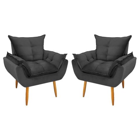 Kit 2 Poltronas Decorativa Opala Veludo Cinza Grafite
