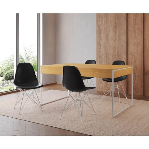 Mesa Jantar Industrial Retangular Canela 137X90Cm Com 4 Cadeiras Pretas Base Ferro Cor: Canela