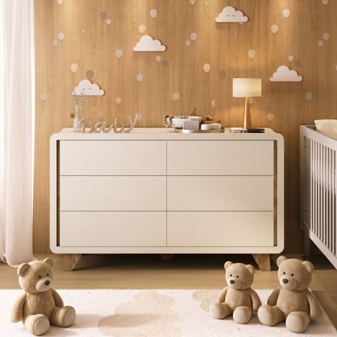 Cômoda Infantil 6 Gavetas com Corrediças Telescópicas Mabel Bege/Off/Louro Freijó Grann