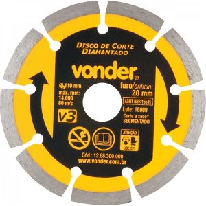 Disco de Corte Diamantado 110 Mm Furo de 20 Mm Segmentado V3 Vonder
