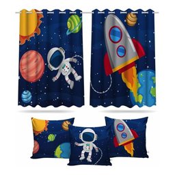 Kit Cortina Infantil Astronauta Menino + 3 Capas Almofadas - 1