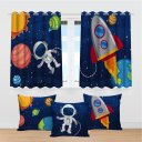 Ver imagem 2 de Kit Cortina Infantil Astronauta Menino + 3 Capas Almofadas