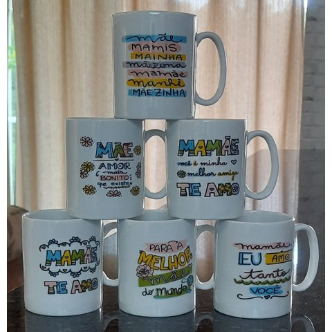 Jogo 6 Canecas 300ml Frases Mãe - Kit Porcelana - Decoração 1 Lado