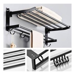 Toalheiro Varal Alumínio Inox C/ Prateleira e Ganchos Móveis:preto - 3