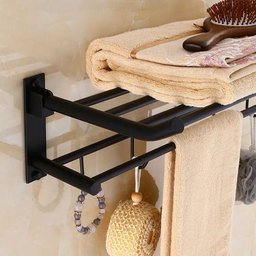 Toalheiro Varal Alumínio Inox C/ Prateleira e Ganchos Móveis:preto - 7