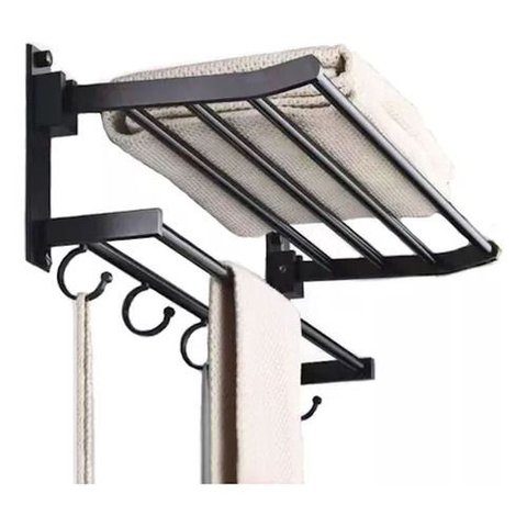 Toalheiro Varal Alumínio Inox C/ Prateleira e Ganchos Móveis:preto