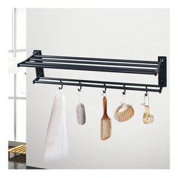 Toalheiro Varal Alumínio Inox C/ Prateleira e Ganchos Móveis:preto - 2