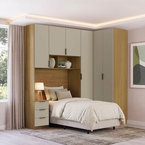Quarto Modulado Solteiro 4 Peças Altezza Clean Belmax:Freijó/Off White