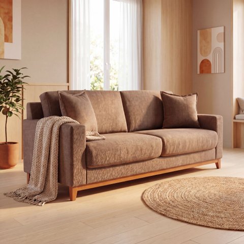 Sofá Living Vintage 3 Lugares 220cm em Linho Slim Marrom Avelã