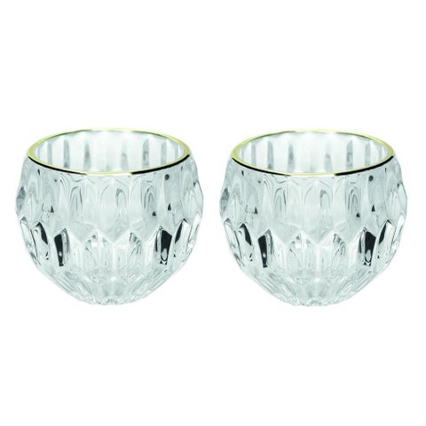 Jogo Porta Velas Castiçal Vidro Facetado Borda Dourado 2