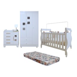 Quarto de Bebê Completo com Cômoda, Berço com Colchão e Guarda Roupas Mila - 2