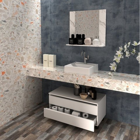 Gabinete Rodizio para Banheiro com Espelheira 80cm Branco/Marmorizado