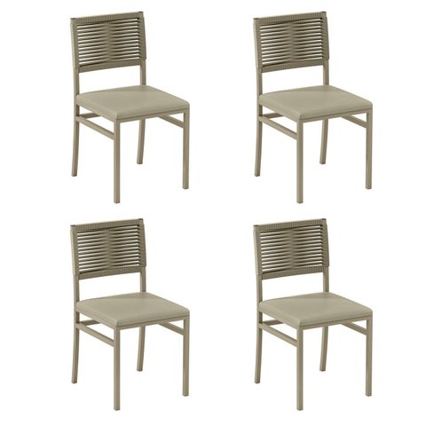 Kit 4 Cadeiras de Jantar Estofadas com Braços Corda Náutica Veneza Bege Rami/Pérola