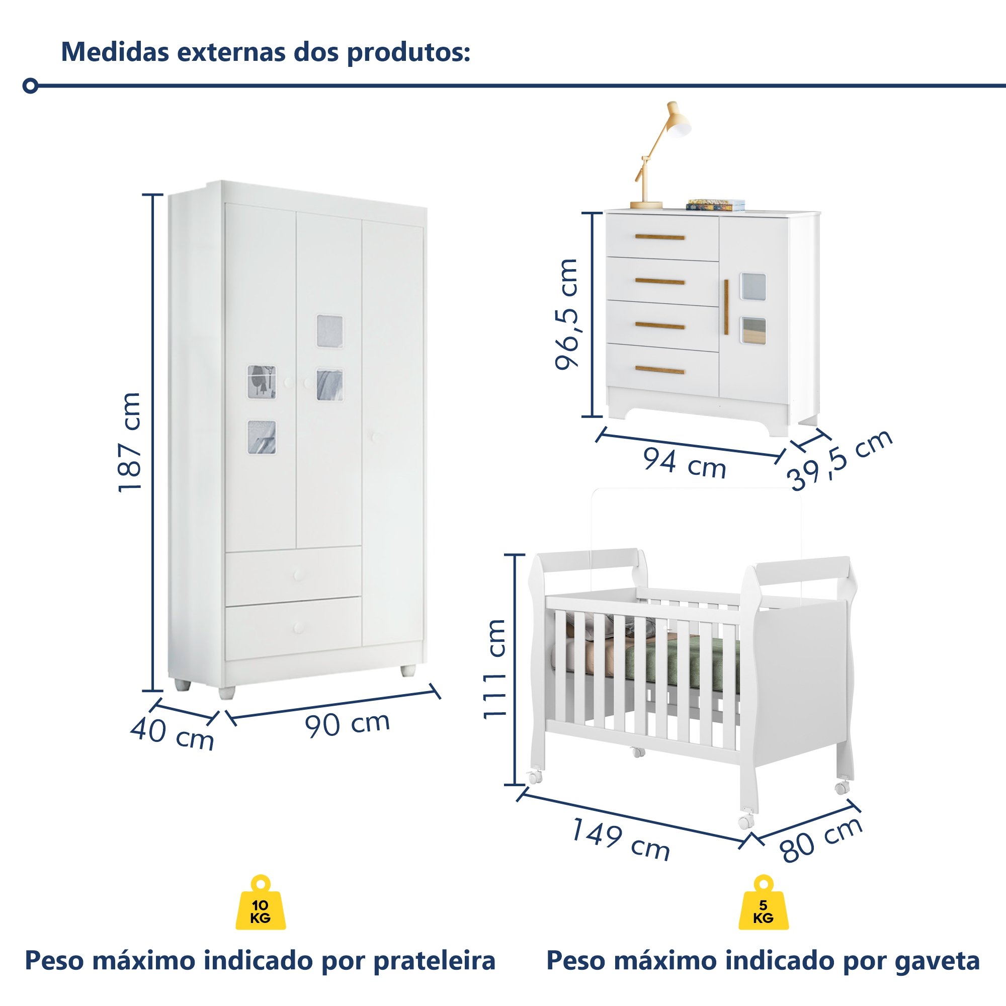 Quarto de Bebê Completo com Cômoda, Berço e Guarda Roupas Mila - 16