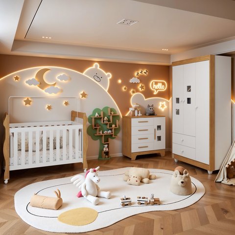 Quarto de Bebê Completo com Cômoda, Berço e Guarda Roupas Mila Branco/Amadeirado
