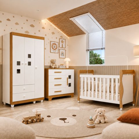 Quarto de Bebê Completo com Cômoda, Berço e Guarda Roupas Mila Branco/Amadeirado
