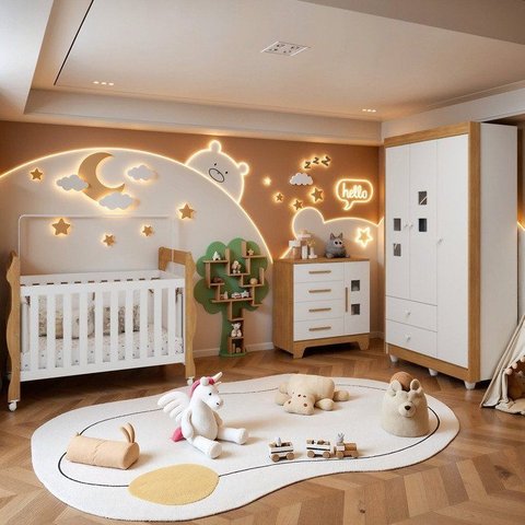 Quarto de Bebê Completo com Cômoda, Berço e Guarda Roupas Mila Branco/Amadeirado