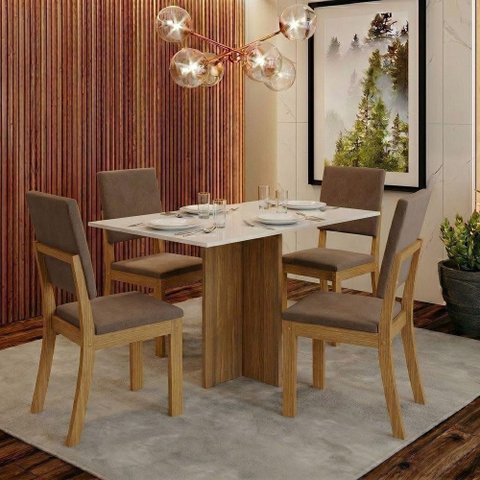 Conjunto de Sala de Jantar Layla Gold 4 Lugares Tampo MDF Cadeiras Suede Amêndoa 120cm Casa 812