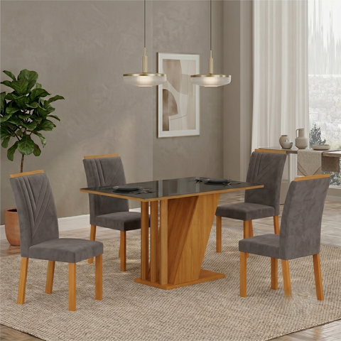 Conjunto Sala de Jantar Mesa Tampo Vidro/MDP com 4 Cadeiras Miami Yescasa Freijó/Chumbo