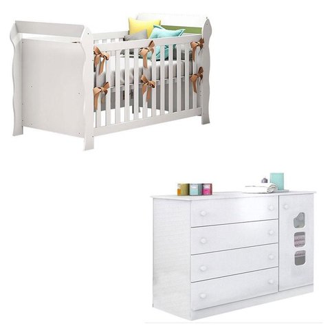Berço Americano Lara e Cômoda Infantil Lívia Branco Brilho – Phoenix