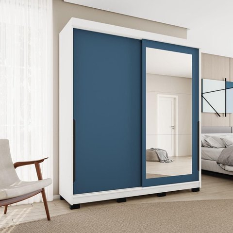 Roupeiro Madri 2 Portas Correr c/ Espelho 177x213cm Azul/Branco 250830