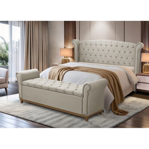 Kit Baú e Cabeceira Estofada Madeira Cama Box Grécia Queen:bege