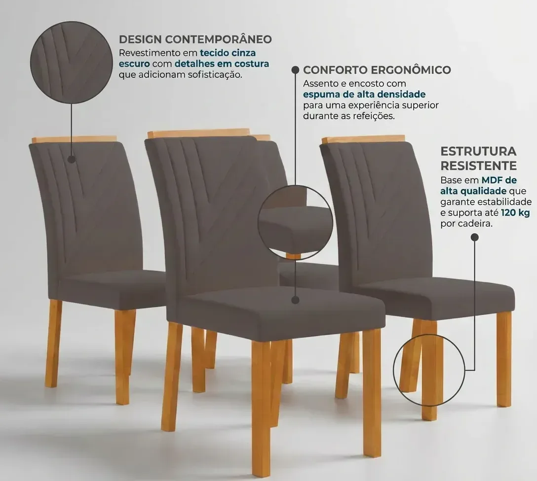 Ver imagem 3 de Conjunto 4 Cadeiras de Jantar Estofadas MDF Miami Cinza Escuro Yescasa