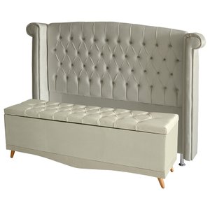 Kit Cabeceira de Cama Box e Calçadeira Baú Luxo King 195 Cm Suede Porcelana Eli Móveis