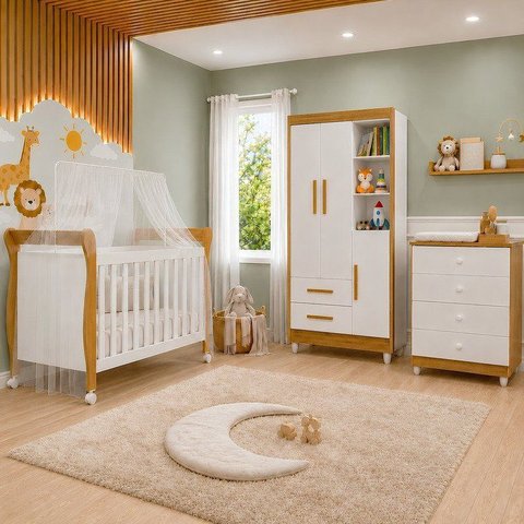Quarto de Bebê Completo com Cômoda, Berço e Guarda Roupas Mia Branco/Amadeirado