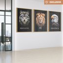 Ver imagem 1 de Kit 3 Quadros Decorativo Dedicação Fé Persistência em Cores Lobo Leão Águia Sala Quarto Casa Escritó