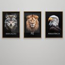 Ver imagem 3 de Kit 3 Quadros Decorativo Dedicação Fé Persistência em Cores Lobo Leão Águia Sala Quarto Casa Escritó